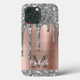 Funda Para iPhone 13 Pro Purpurina plateado goteo Rosa Monograma metálico d