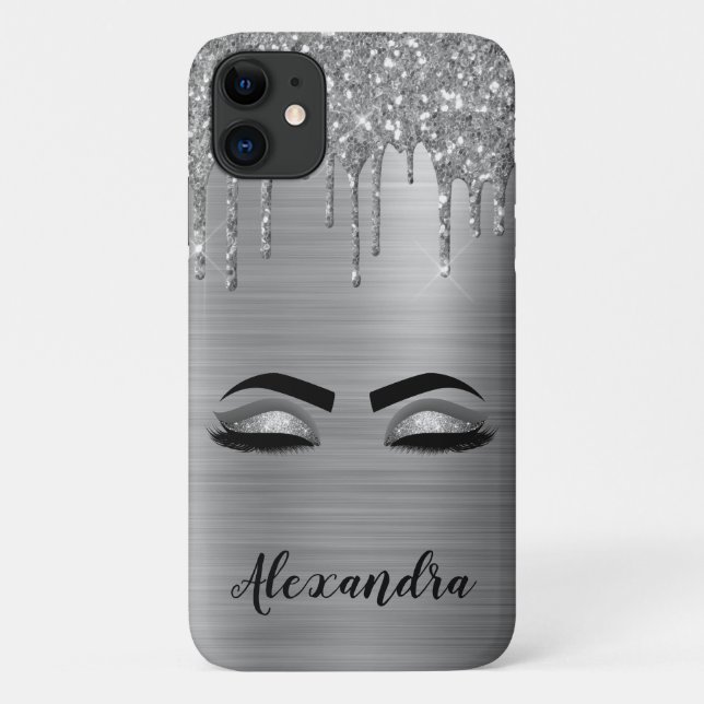 Funda De Case-Mate Para iPhone Purpurina plateado Sparkle Eyelashes Monograma Nom (Reverso)