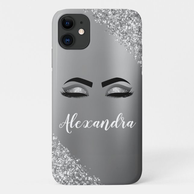 Funda De Case-Mate Para iPhone Purpurina plateado Sparkle Eyelashes Monograma Nom (Reverso)
