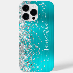 Funda Para iPhone 14 Pro Max De Case-Mate Purpurina plateado Turquoise Blue Girly Signature