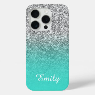 Funda Para iPhone 15 Pro Purpurina plateado Turquoise Ombre personalizado