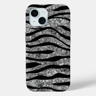 Funda Para iPhone 15 Purpurina plateado y franjas de cebra negra