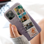 Funda Para iPhone 13 Pro Max Purpurina púrpura 4 monograma de nombre de collage<br><div class="desc">Moderno 4 fotos nombre de collage y purpurina monograma de lavanda lila púrpura brillan en verde jaula pastel con un collage estilo cabina de fotos</div>