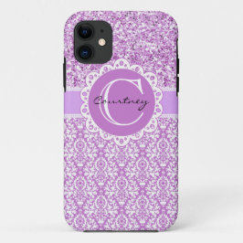 Funda Para iPhone 11 Purpurina púrpura y Damasco con nombre y cubierta