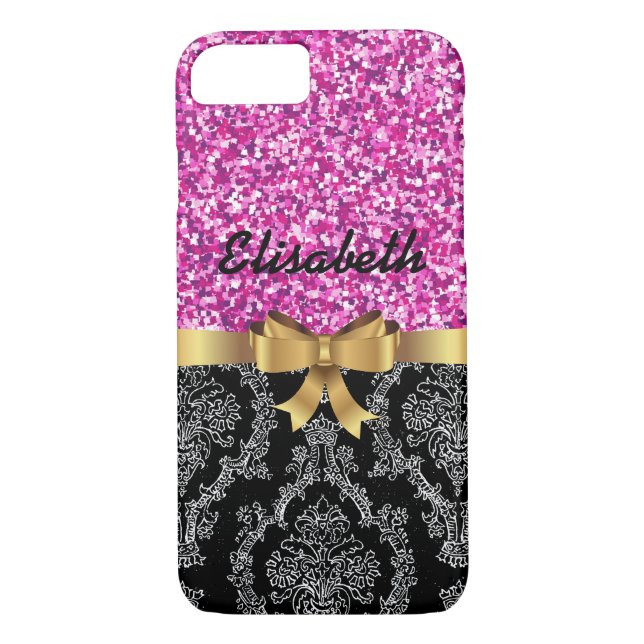 Funda De Case-Mate Para iPhone Purpurina ROJO NEGRO DAMASK GOLDEN BOW MONOGRAM (Reverso)