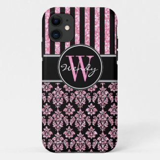 Funda Para iPhone 11 Purpurina rosa Damasco negro impreso Su nombre
