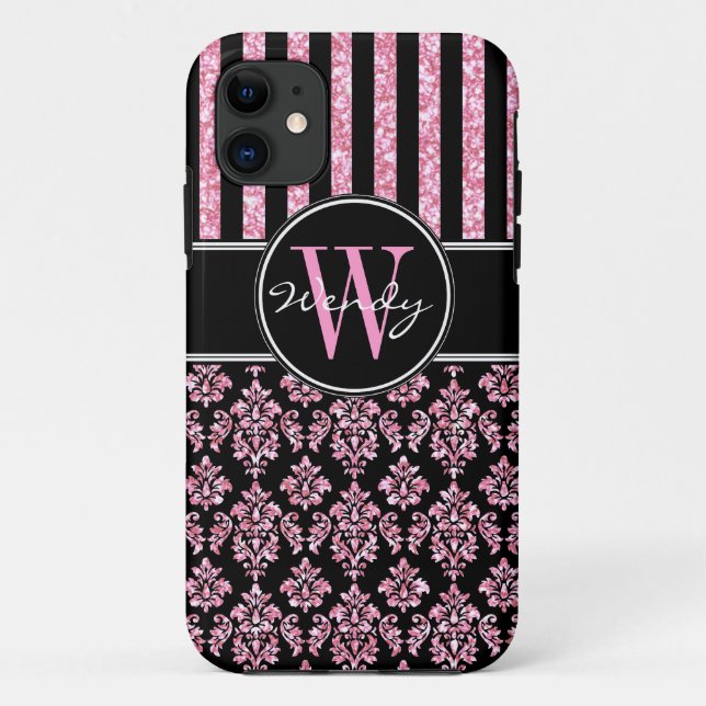 Funda De Case-Mate Para iPhone Purpurina rosa Damasco negro impreso Su nombre (Reverso)