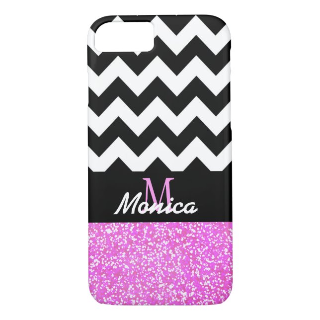 Funda De Case-Mate Para iPhone Purpurina rosa de chevron negro personalizado (Reverso)