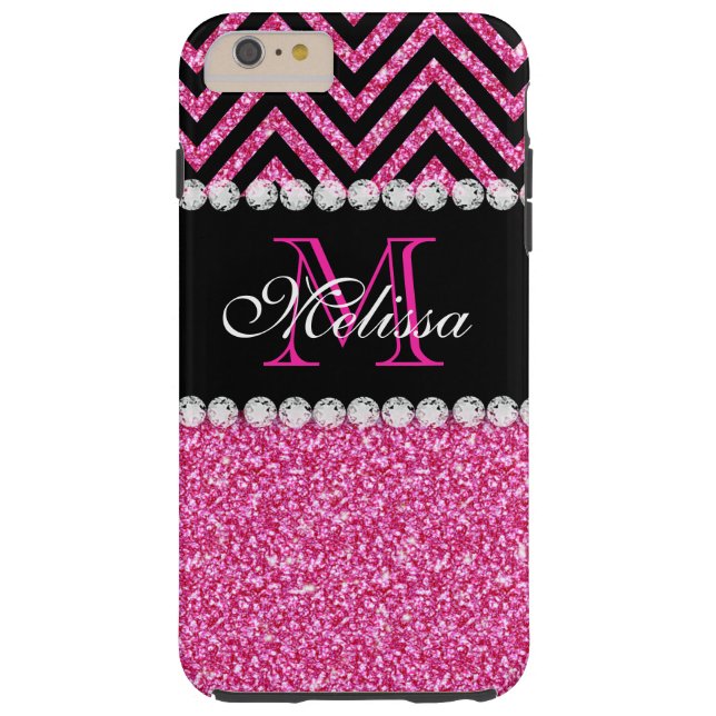 Funda De Case-Mate Para iPhone Purpurina rosa Negro Chevron Monograma MED (Reverso)