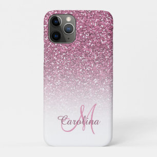 Funda Para iPhone 11 Pro Purpurina rosa, nombre y monograma, Girly