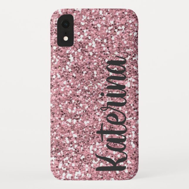 Funda De Case-Mate Para iPhone Purpurina rosa personalizado con su nombre. (Reverso)