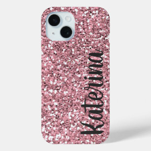 Funda Para iPhone 15 Purpurina rosa personalizado con su nombre.