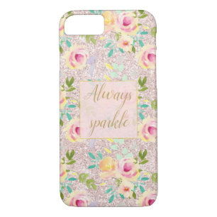 Funda Para iPhone 8/7 Purpurina Rosa Rubor Faux Sparkle Floral Watercolo