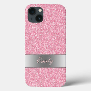 Funda Para iPhone 13 Purpurina rosado Gradiente plateado (Monograma)