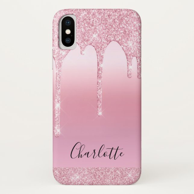 Funda De Case-Mate Para iPhone Purpurina Rubor rosado gotea nombre Monograma Fund (Reverso)