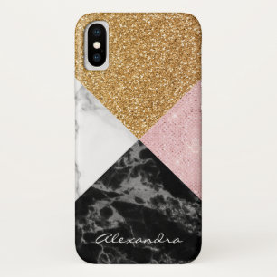 Funda Para iPhone X Purpurina subió monograma del oro y mármol blanco
