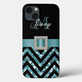 FUNDA PARA iPhone 13 PURPURINA TURQUESA DE CHEVRON NEGRO GIRLY