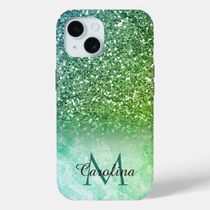 Funda Para iPhone 15 Purpurina verde, mármol, personalizado