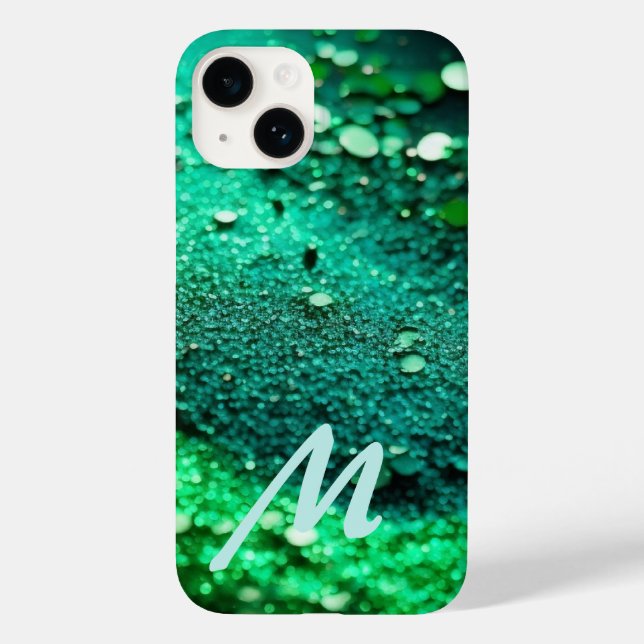 Funda De Case-Mate Para iPhone Purpurina verde monogramado (Reverso )