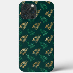 Funda Para iPhone 13 Pro Max Purpurina verde y dorado en hojas tropicales