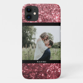 Funda Para iPhone 11 Purpurina y foto de color rosa caliente con nombre