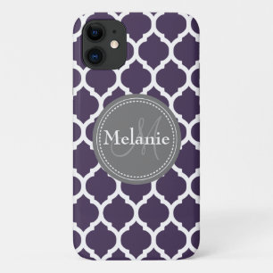 Funda Para iPhone 11 Quatrefoil morado y gris monogramado
