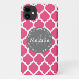Funda Para iPhone 11 Quatrefoil rosa y gris brillante monogramado