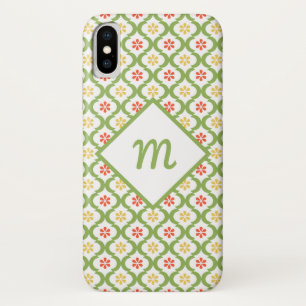 Funda Para iPhone X Quatrefoil verde Girly Cute Daisies y Monograma