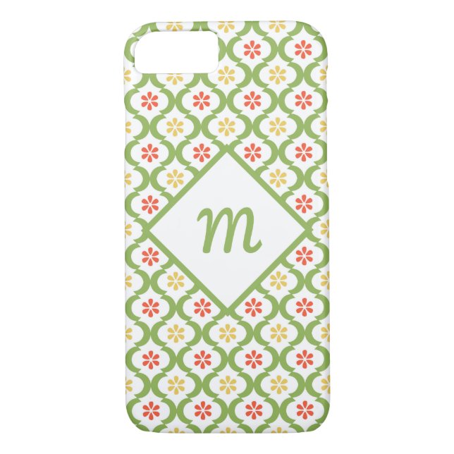 Funda De Case-Mate Para iPhone Quatrefoil verde Girly Cute Daisies y Monograma (Reverso)