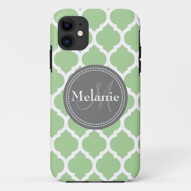 Funda De Case-Mate Para iPhone Quatrefoil verde y gris de salvia monogramada (Reverso)