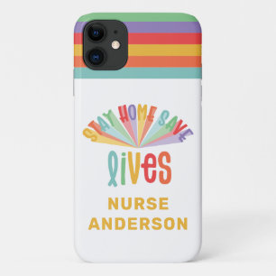Funda Para iPhone 11 Quédate en casa salva vidas de color arcoiris