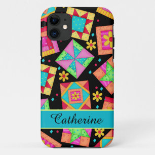 Funda Para iPhone 11 Quilt Patchwork Block Art en nombre personalizado 