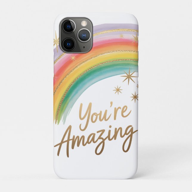 Funda De Case-Mate Para iPhone Rainbow with Gold Glitter and "You're Amazing"Text (Reverso)