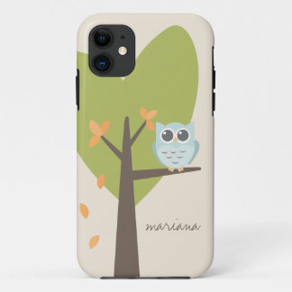 Funda Para iPhone 11 Rama de árbol marrón deja nombre personalizado búh
