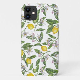 Funda Para iPhone 11 Ramas de limón con flores y fruta en blanco