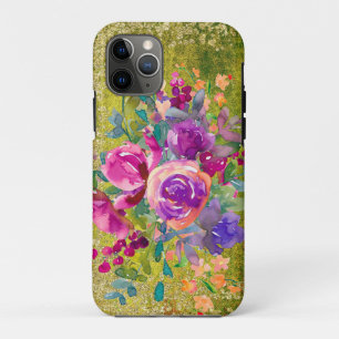 Funda Para iPhone 11 Pro Ramo de flores en acuarela sobre verde rústico