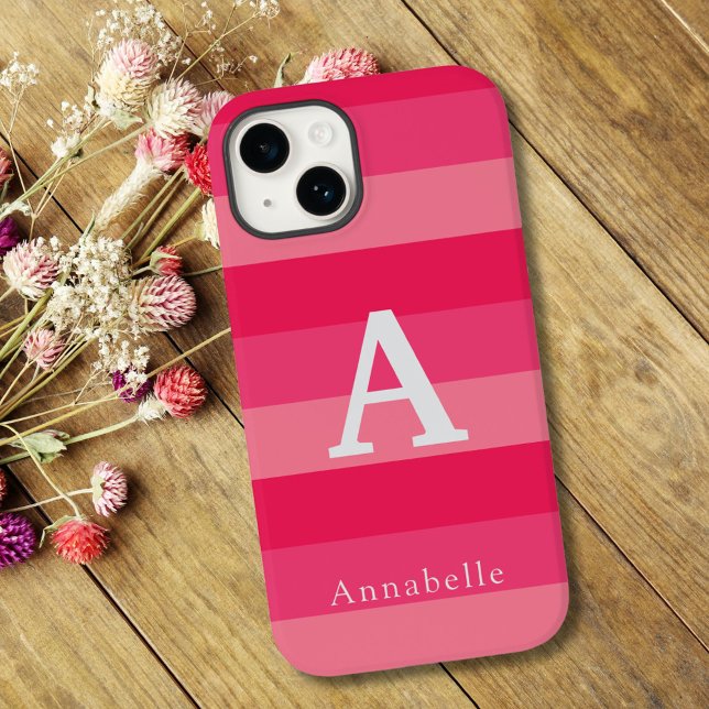Funda De Case-Mate Para iPhone Raspberry Rayas rosas Personalizado Monograma Nomb (Subido por el creador)