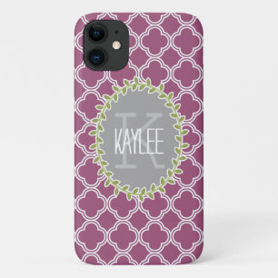 Funda Para iPhone 11 Raspberry White Lattice Patrón Monogramado Vino