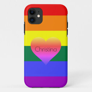 Funda Para iPhone 11 Rayas arcoiris Orgullo con corazón y nombre person