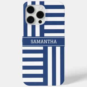 Funda Para iPhone 15 Pro Max Rayas azules personalizadas Moda Nombre blanco mod