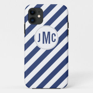Funda Para iPhone 11 Rayas de azules marinos con el monograma de