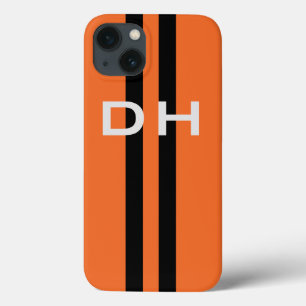 Funda Para iPhone 13 Rayas de Carreras: negro sobre Naranja con brasas