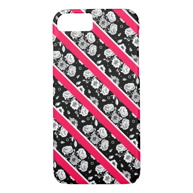 Funda De Case-Mate Para iPhone Rayas de flores blancas negras y finas (Reverso)