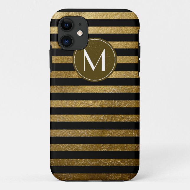 Funda De Case-Mate Para iPhone rayas doradas sobre negro monogramado elegante (Reverso)