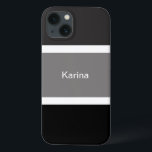 Funda Para iPhone 13 Rayas Gris Y Blancas Personalizadas Elegante<br><div class="desc">Te encantará este moderno estuche de moda y de diseño para teléfonos celulares con estampado gris,  negro y blanco. Grandes rayas negras y grises con pequeñas rayas blancas. Personalizado con su nombre impreso en un texto en blanco.</div>