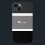 Funda Para iPhone 13 Rayas Gris Y Blancas Personalizadas Elegante<br><div class="desc">Te encantará este moderno estuche de moda y de diseño para teléfonos celulares con estampado gris,  negro y blanco. Grandes rayas negras y grises con pequeñas rayas blancas. Personalizado con su nombre impreso en un texto en blanco.</div>
