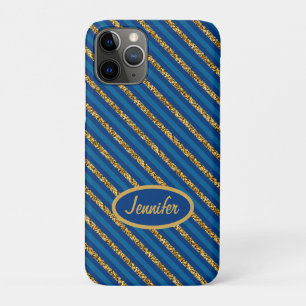 Funda Para iPhone 11 Pro Rayas modernas de azul y oro Personalizar nombre