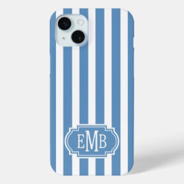 Funda Para iPhone 15 Mini Rayas Monogramadas Azules y Blancas