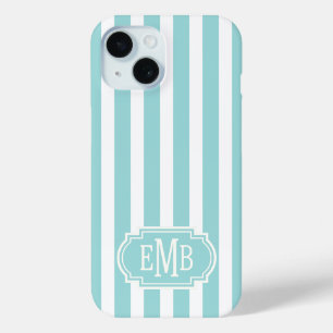 Funda Para iPhone 15 Rayas Monogramadas de Aqua y Blanco