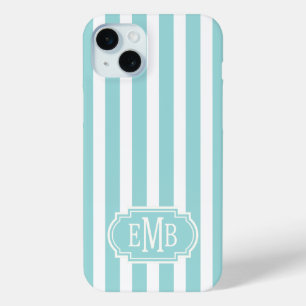 Funda Para iPhone 15 Mini Rayas Monogramadas de Aqua y Blanco